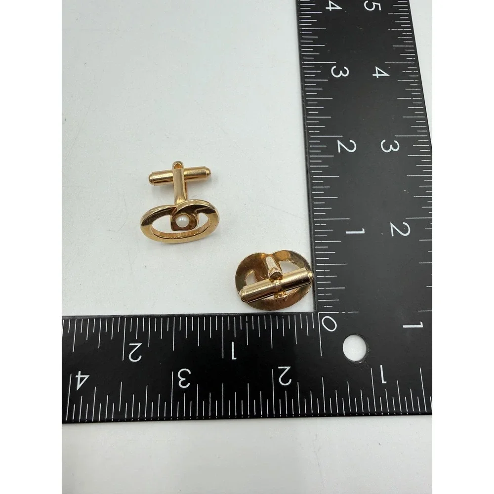 VTG Gold Tone Open Oval Swirl Faux Pearl Accent Cufflinks Formal Mens Accessory